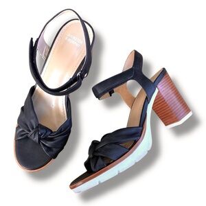 Johnston & Murphy Kaci Ankle Strap Sandal Sz 7.5M Black Leather Block Heel